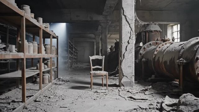 Wide shot perspective of a wooden chair symbolizing an electric chair prison in a dark gritty industrial ruin