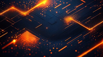 Futuristic digital circuit board with glowing orange pathways and dynamic light streaks creating a high-tech and energetic atmosphere