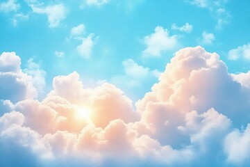 Bright blue sky filled with fluffy white and soft pink clouds illuminated by warm sunlight creating a peaceful and uplifting atmosphere