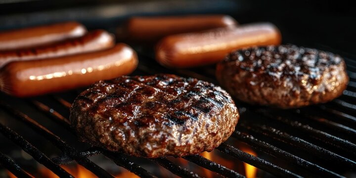 Close-up of two grilled hamburger patties and four hot dogs cooking on a barbecue grill with visible char marks and glowing fire beneath