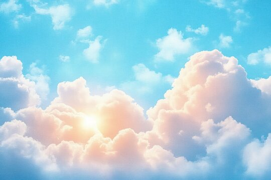 Bright blue sky filled with fluffy white and soft pink clouds illuminated by warm sunlight creating a peaceful and uplifting atmosphere