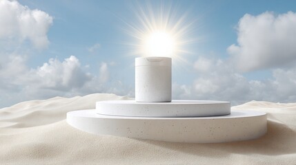 Create a Sunny Beach Setting With a Podium for Sunscreen Promotion, Featuring White Sand and a Bright Backdrop