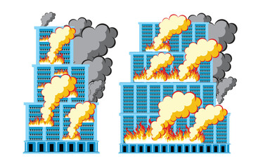 Vector illustration of a burning building with large flames and smoke rising from multiple floors.