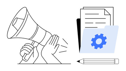 Marketing, project management, teamwork, information sharing, creative services, productivity. A megaphone, files and pencil icon. Marketing and project management concept