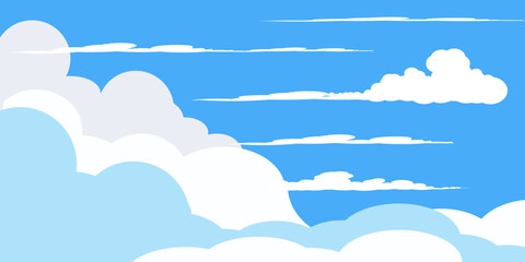 Illustration of a blue sky with white clouds in a flat style. Blue sky background and white clouds. Cartoon sky