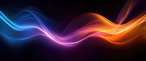 Abstract vibrant light waves glowing in blue, purple, and orange colors on a dark background creating a dynamic and fluid visual effect