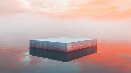 A large concrete cube floating calmly on reflective water under a soft pink and orange sky creating a serene and surreal atmosphere