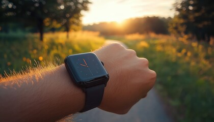Close-up of a person's wrist wearing a black smartwatch outdoors with a sunlit blurred pathway and greenery in the background during golden hour