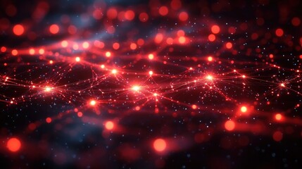 Glowing interconnected red nodes and lines forming a dynamic network on a dark background with scattered tiny light particles