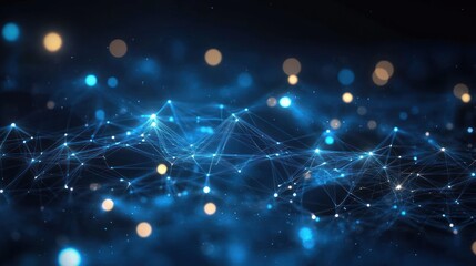 Abstract digital network of interconnected glowing blue nodes and lines with floating light particles on a dark background, conveying technology and connectivity