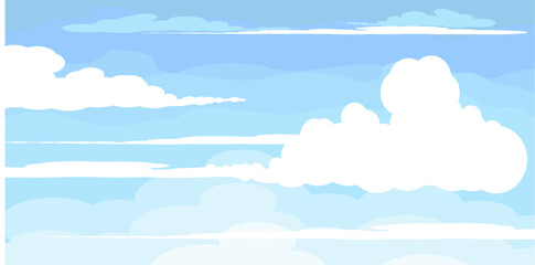 Illustration of a blue sky with white clouds in a flat style. Blue sky background and white clouds. Cartoon sky