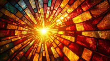 Radiant stained glass window with warm hues of red, orange, and yellow converging towards a bright glowing center emitting light and warmth