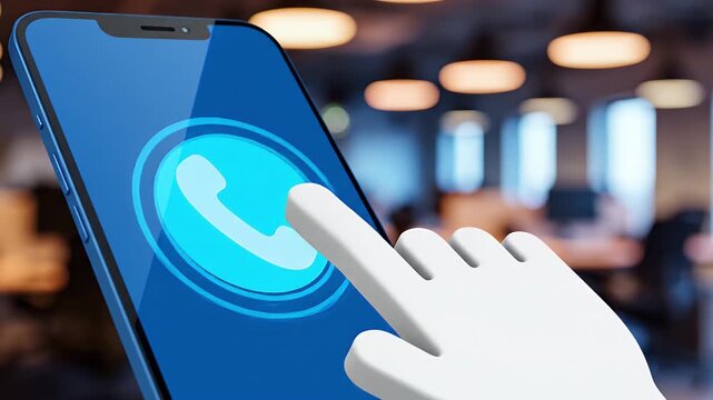 Digital hand cursor clicking a blue phone call icon on a sleek smartphone screen symbolizing essential customer contact online support and modern business commucation