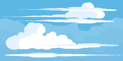 Illustration of a blue sky with white clouds in a flat style. Blue sky background and white clouds. Cartoon sky