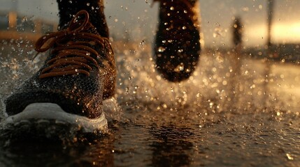 Ru shoes hitting wet pavement under golden sunlight after rain, droplets flying motion, energy, strength, and determination representing health, perseverance, and human motivation within daily fitness
