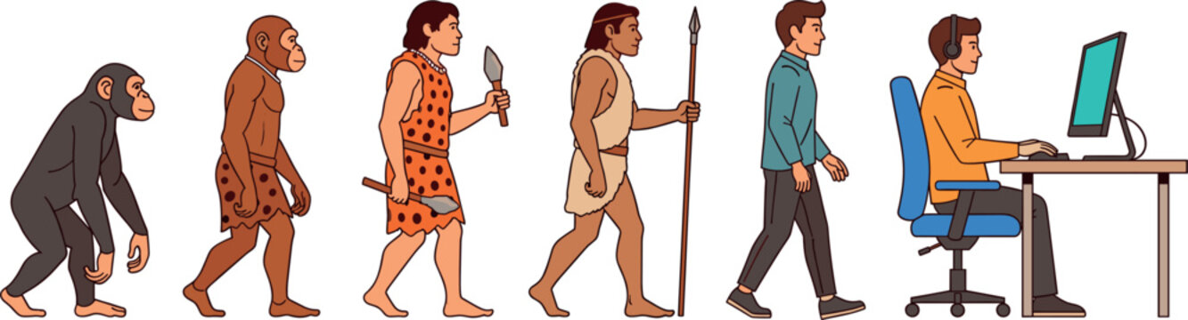 Set of human evolution illustrations from ape and caveman to modern man working on computer in educational vector design