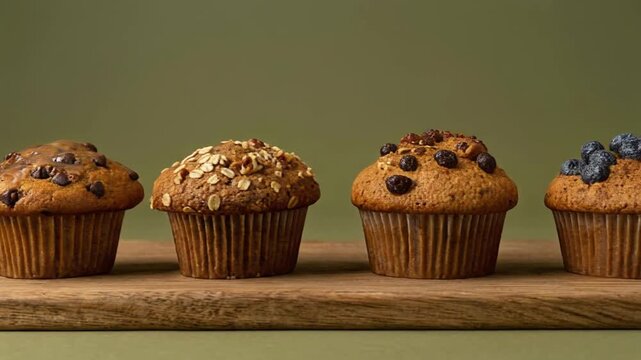 Variety of Gourmet Muffins on Wooden Board Bakery Food