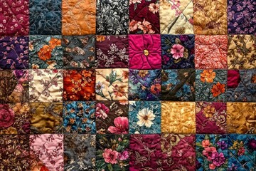 Close-up of a colorful quilt made of multiple floral patterned fabric squares stitched together with detailed quilting stitches