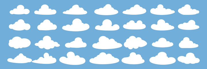 set of vector illustrations of clumpy clouds, cloud bubbles in flat style on a blue background