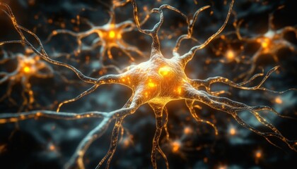 Close-up view of glowing interconnected nerve cells with illuminated synapses in a dark, abstract neural network