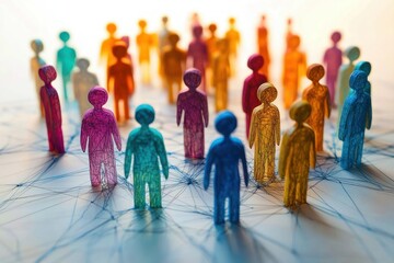 Colorful wooden human figures connected by intricate web of threads symbolizing social interaction and network connections in a bright setting