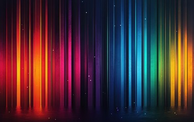 Abstract vertical bars in vibrant gradient colors transitioning from warm reds and oranges to cool blues and greens with small glowing particles creating a dynamic luminous effect