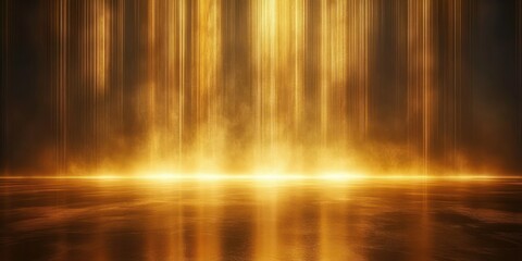 Golden vertical light beams shining down over reflective surface creating dramatic glowing misty atmosphere