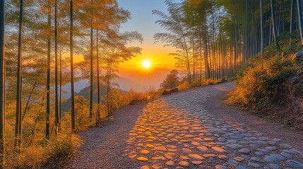 Golden sunset path through bamboo forest