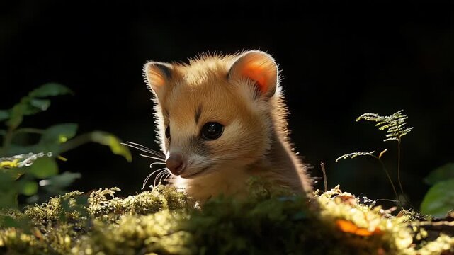 Adorable Baby Fossa Peeking Out from Lush Green Moss in a Dark Forest.