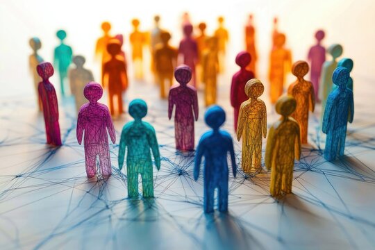 Colorful wooden human figures connected by intricate web of threads symbolizing social interaction and network connections in a bright setting
