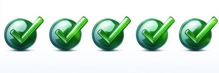 Row of five shiny green check marks inside glossy green circular buttons on a white background symbolizing approval or confirmation