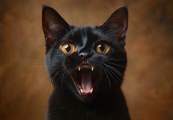 Close-up of a black cat with wide open mouth showing sharp teeth and bright yellow eyes against a warm brown background