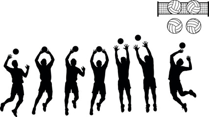 Set of volleyball player silhouettes jumping hitting and serving with volleyball net and balls in dynamic sports vector design