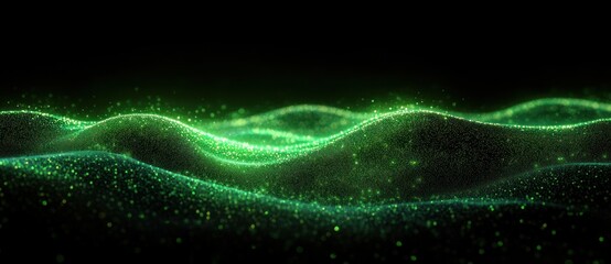 Abstract glowing green waveforms made of tiny particles floating smoothly in a dark space, evoking a sense of calm and futuristic technology