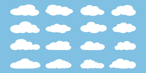set of vector illustrations of clumpy clouds, cloud bubbles in flat style on a blue background	