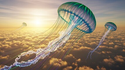 Giant Jellyfish-like Creatures Soaring Above a Cloudscape at Sunset.