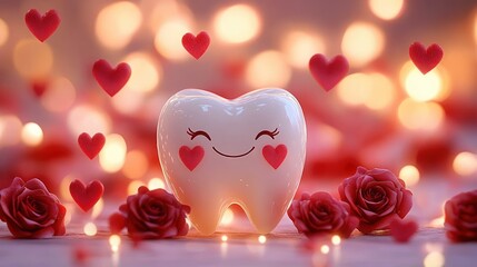 Smiling cute tooth character with heart shapes on cheeks surrounded by red roses and floating hearts with warm glowing bokeh background