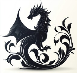 Obraz premium stylized black dragon with wings perched amid flowing ornamental floral shapes in monochrome artistry