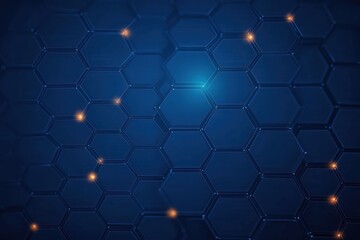 Blue futuristic hexagonal grid pattern with glowing orange nodes representing digital network connectivity in a high-tech style