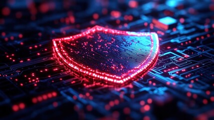 Close-up of a glowing red shield icon embedded on a futuristic blue digital circuit board symbolizing cybersecurity protection and data defense