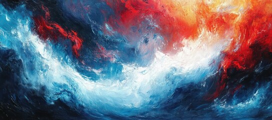 Abstract dynamic swirling mix of vibrant red, blue, white, and black colors creating a dramatic and intense energy flow with textured brush strokes