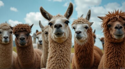 Fototapeta premium Group of Alpacas with Curious Expressions in Green Pasture Under Blue Sky