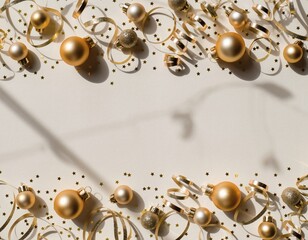 Obraz premium Christmas decoration frame with gold baubles and ribbon on white background