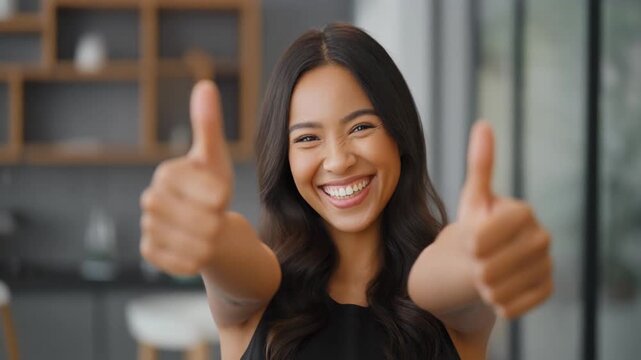 Joyful and successful young woman with a brilliant smile giving two thumbs up for approval and satisfaction