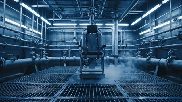 Electric chair execution chamber in a cold industrial prison setting with blue lighting and steam