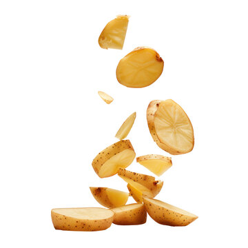 Falling peal partially sliced potato isolate on transparency background