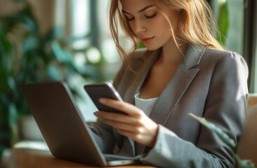 Young woman wearing a grey blazer using a smartphone and a laptop in a softly lit indoor setting focused on her task