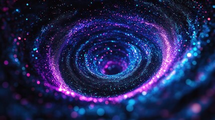 Vibrant swirling vortex of glowing blue and purple particles creating a deep, dynamic tunnel effect with sparkling light points