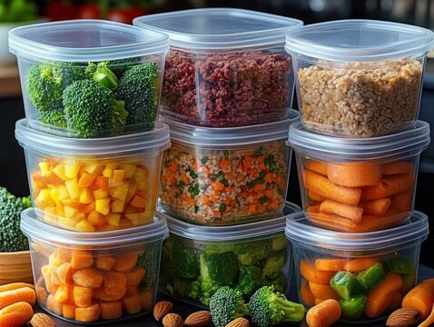 Stacked clear plastic containers filled with fresh chopped broccoli, carrots, yellow bell peppers, cooked grains, and ground meat, showcasing healthy meal prep and organized food storage