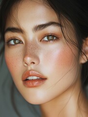 Fototapeta premium Close-up portrait of a young woman with smooth skin, natural makeup, freckles, glossy lips, and expressive eyes, conveying calm and confidence